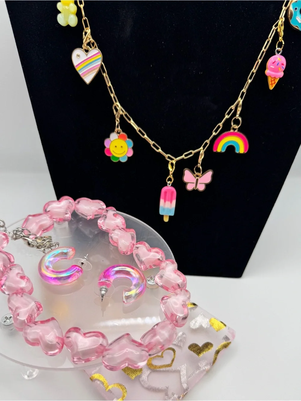 Summertime Fun! Kids Gold Charm Necklace with Pink Rainbow & Popsicle Charms